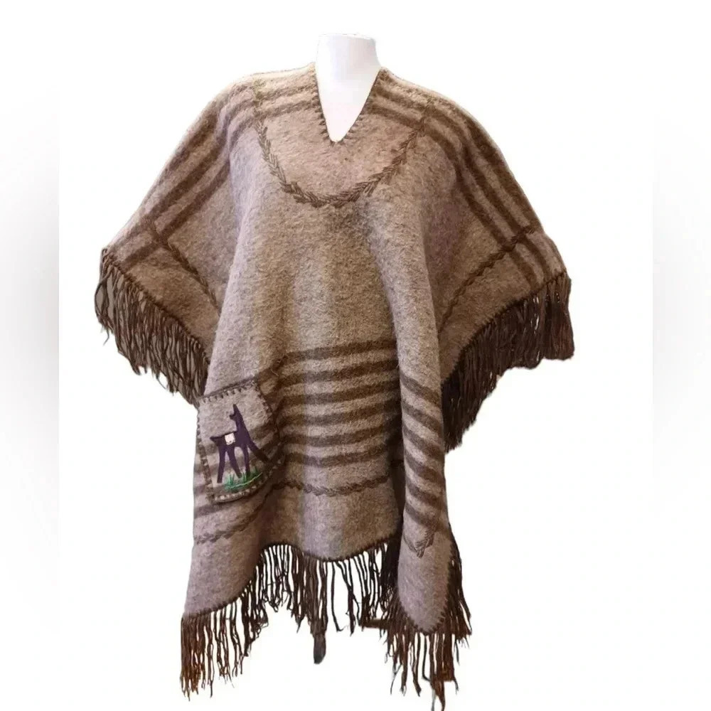 Alpaca Peru Wool Vintage Shawl Fringe Heavyweight Brown Tan